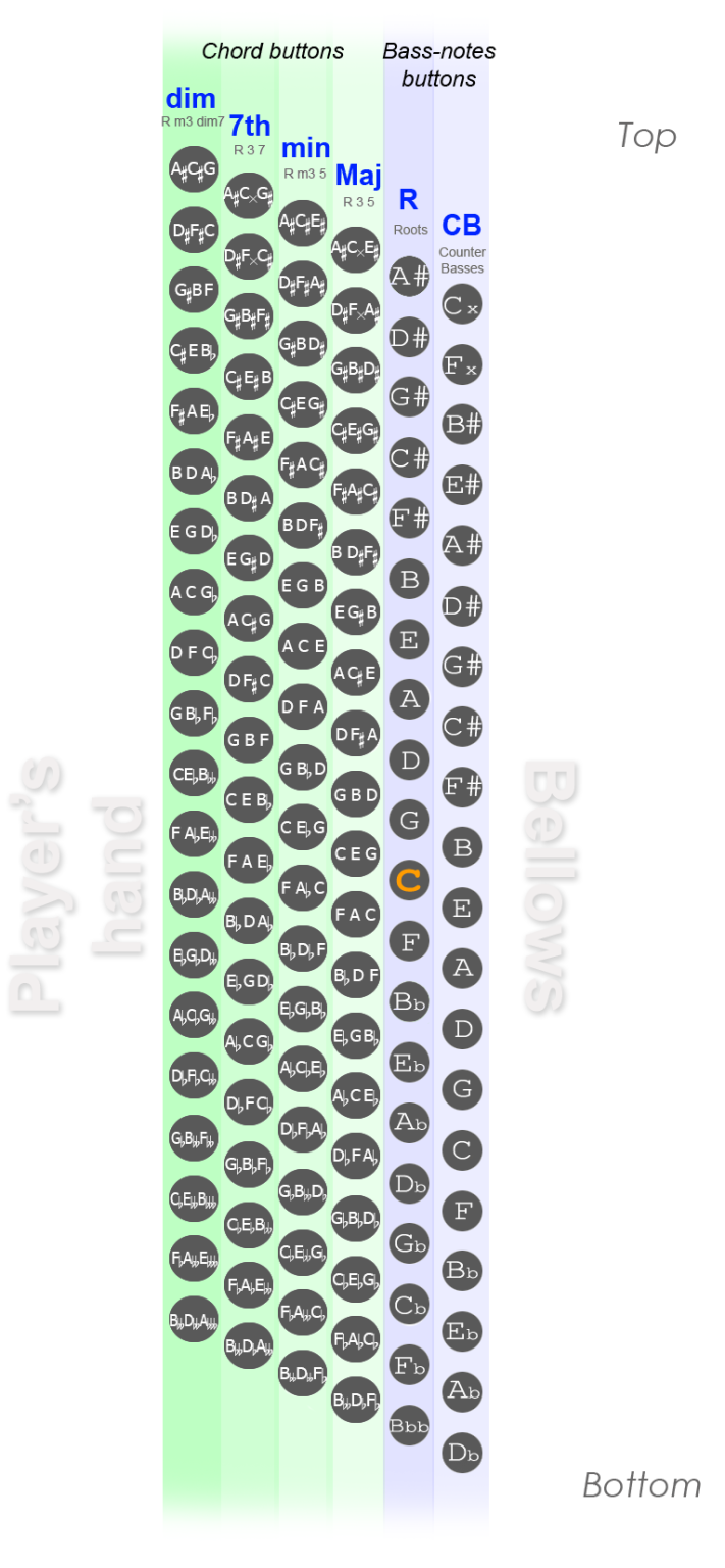 120 Bass Accordion Chart Diagram, Bass Notes, List of Chords
